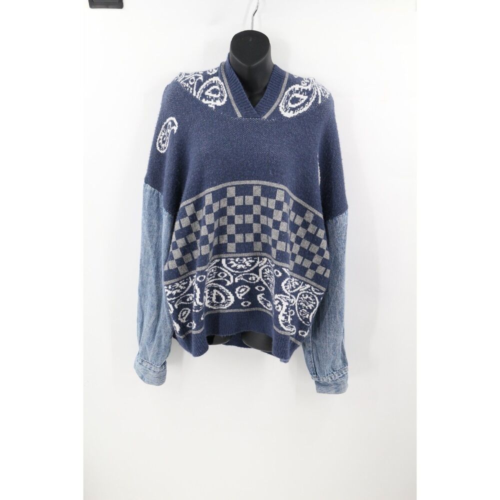 POL Womens Boho Hoodie Paisley Handkerchief Print Mixed Media Size Large Blue